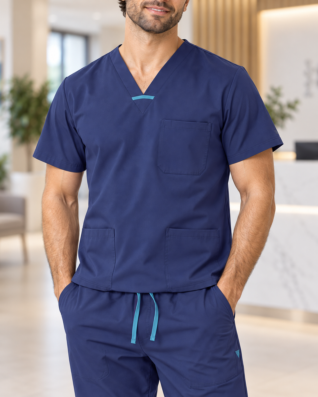Set Scrub Ibiza Blu Navy – dettaglio tasche e bordino