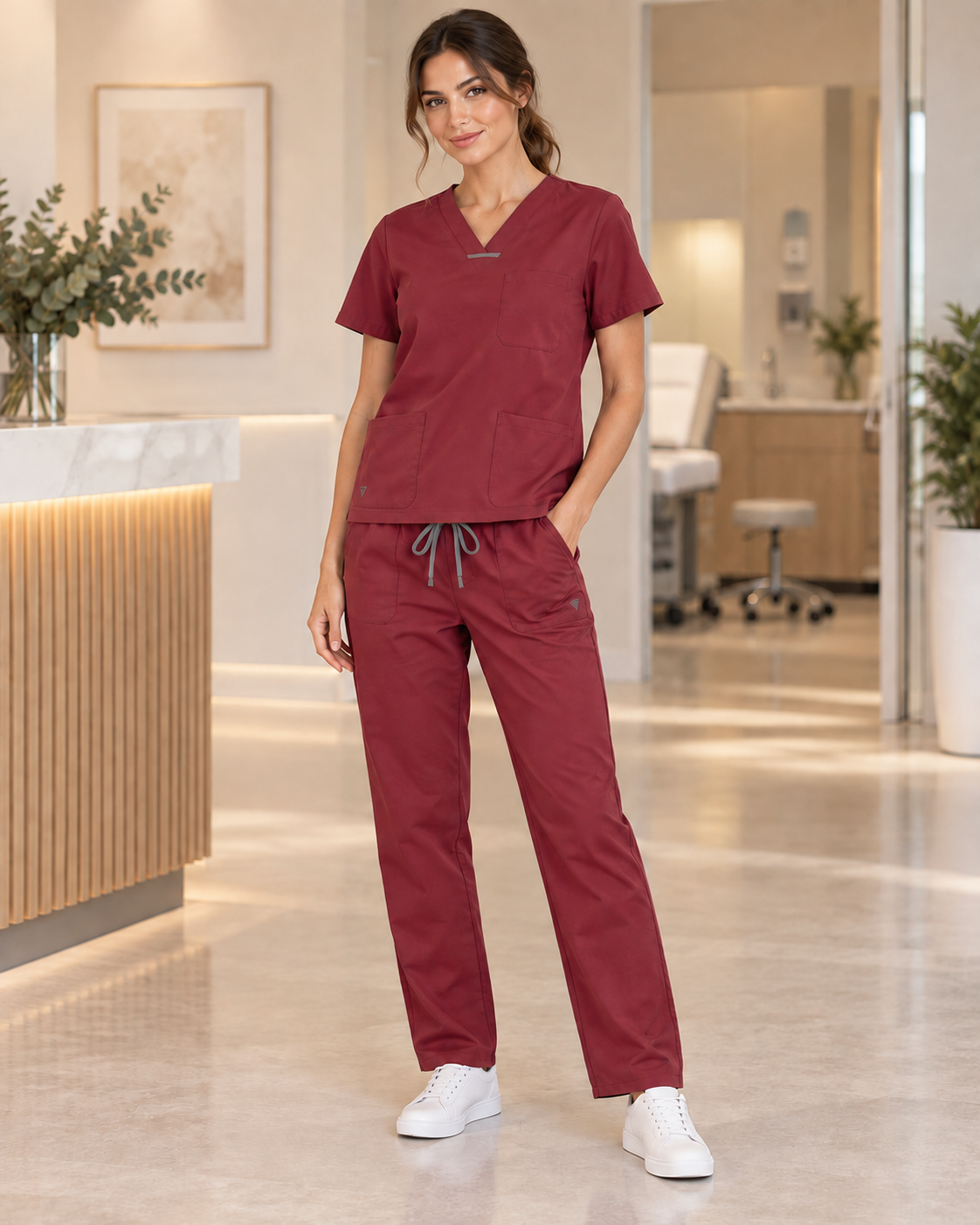 Set Scrub Ibiza Bordeaux – vista frontale ambientata