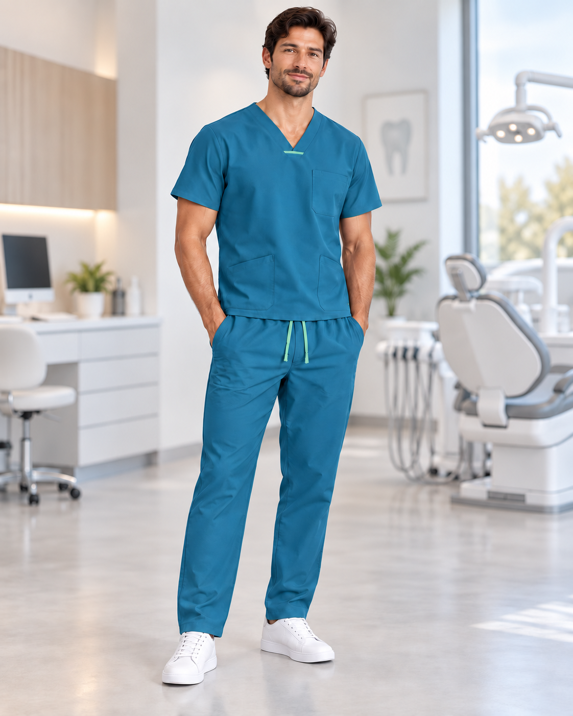 Set Scrub Ibiza Verde Ottanio – vista frontale ambientata